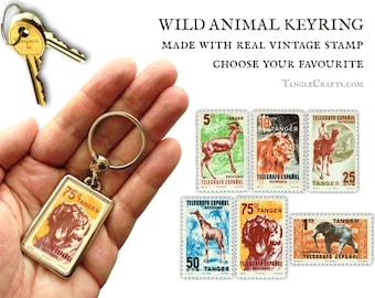 Wild Animal Keychain - upcycled 1950s Morocco charity stamp