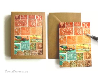 Sunset Heron Stamp Art Notecard Set, 4 or 8 - Postage Stamp Landscape Note Cards