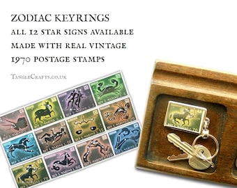 Zodiac Keyring made with upcycled vintage 1970 postage stamp