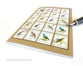 Bird Watcher Notebook, Kenya Travel Journal | Bird Lover Gift, Twitcher, Bird Spotter | Upcycled Vintage Postage Stamps, A6 Kraft Notebook