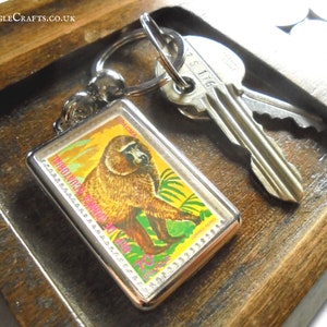 Baboon keyring, upcycled postal stamp keychain small quirky gift for monkey lover, silver metal keyfob 1975 birthday, wild animal print image 1