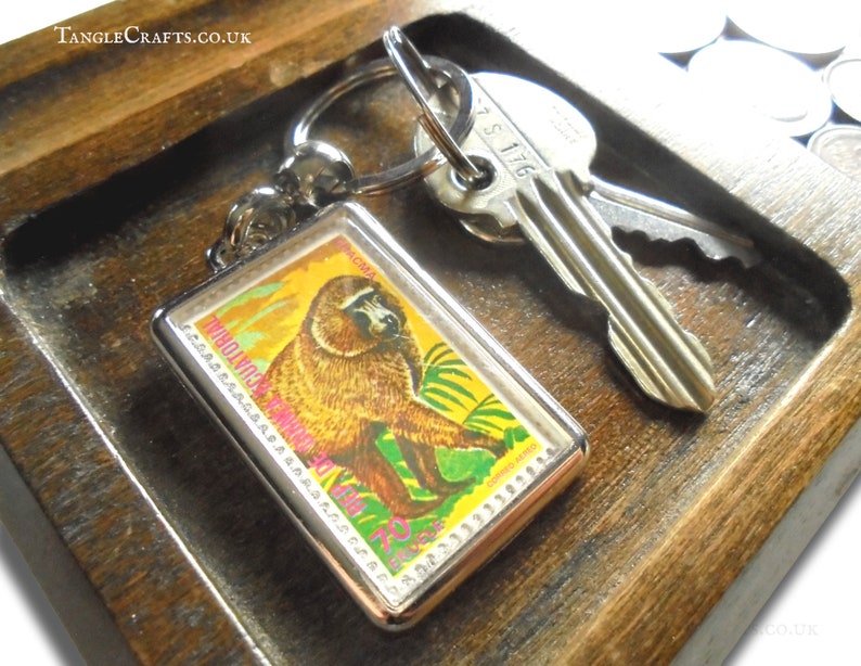 Baboon keyring, upcycled postal stamp keychain small quirky gift for monkey lover, silver metal keyfob 1975 birthday, wild animal print image 1