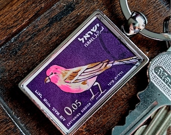 Sinai Rosefinch Keyring - upcycled 1963 vintage postage stamp from Israel