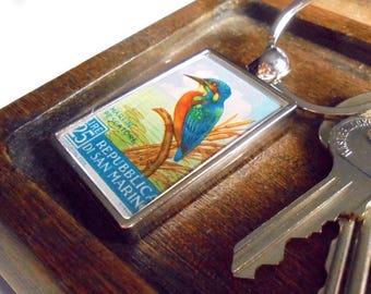 Kingfisher Keyring - upcycled vintage 1960 San Marino postage stamp