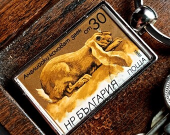 Lop Eared Rabbit Keyring - made with vintage postage stamp from Bulgaria 1986