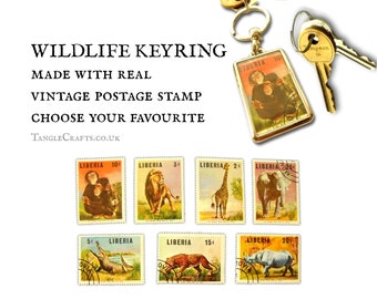 Wild Animal Wildlife Keyring - upcycled 1966 Liberia postage stamp