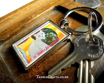 Cat Couple Keyring, upcycled 1975 postage stamp from Equatorial Guinea