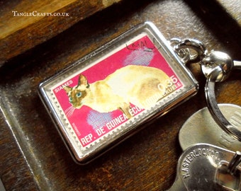 Siamese Cat Keyring, upcycled postage stamp from Equatorial Guinea