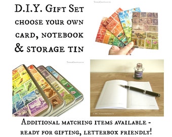 Notebook, Tin & Card Gift Set - mixed or matching postage stamp prints