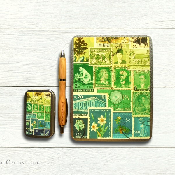 Set of 2 or 5 Green Turquoise Storage Tins | Decorated hinged A6 C6 + tiny tin | Vintage postage stamp ephemera print, office desk tidy UK