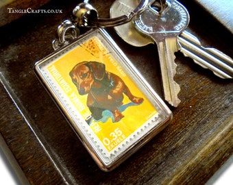 Dachshund Keyring, upcycled 1977 postage stamp from Equatorial Guinea