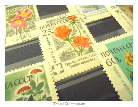 Vintage Flower Postage Stamps, 1960s flower stamps from Russia &  Czechoslovakia