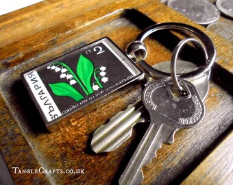Lily of the Valley Keyring - upcycled 1969 postage stamp from Bulgaria
