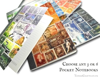 Mixed Set of 3 or 6 Postage Stamp Print Notebooks - Choose your favourites!