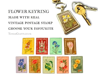 Flower Keyring - upcycled 1959 Romania postage stamp