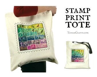 Eco Rainbow Tote Bag - postage stamp print | Colourful spectrum ecofriendly bag for life | LGBT LGBTQIA pride gift for philatelist or penpal