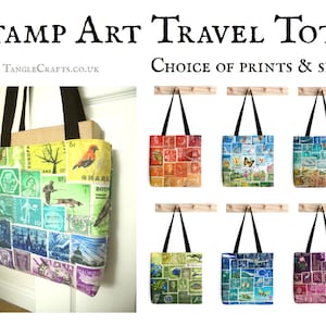 Stamp Art Travel Tote Bag - kleine, mittelgroße und große Größen | Gefütterte Umhängetasche mit Briefmarkenstoff, gefüttert und mit langem Griff
