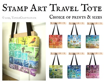 Stamp Art Travel Tote Bag - Small Medium & Large Sizes | postage stamp print fabric, world travel carry on, long handled lined shoulder bag