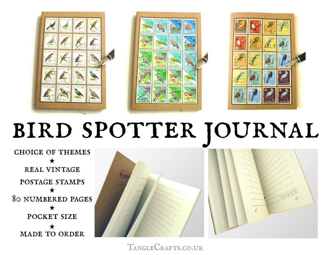 Birdwatching Journal, Bird Spotter Notebook Upcycled Postage Stamps