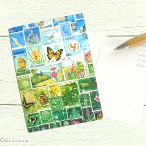 Stamp Art Landscape Postcards, Set of 8 - birds flowers butterflies, postage stamp print | sunny whimsical travel theme postcrossing cards