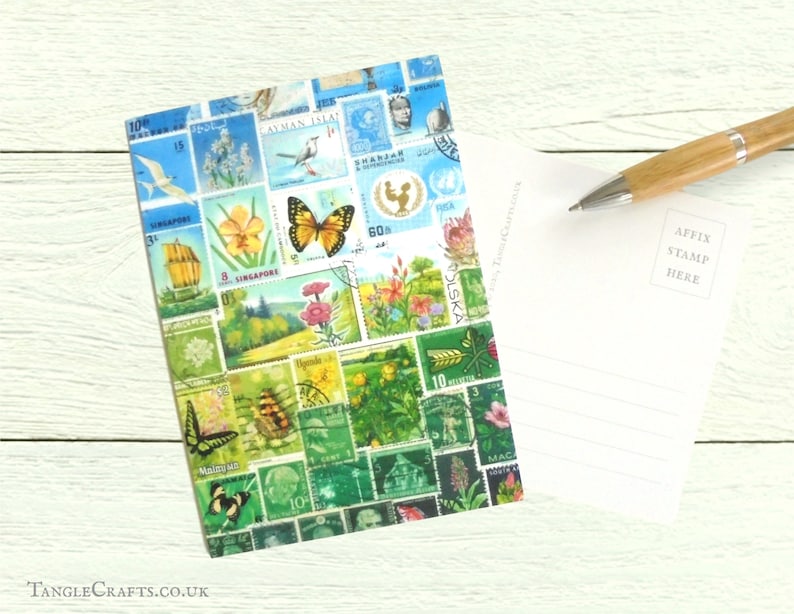 Stamp Art Landscape Postcards, Set of 8 birds flowers butterflies, postage stamp print sunny whimsical travel theme postcrossing cards 8 x Happy Valley