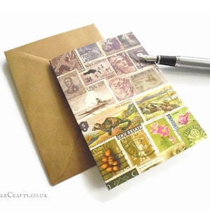 Abstract landscape greeting card for any occasion | postage stamp art print, vintage postal collage | A6 blank inside card for philatelist