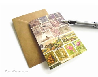 Heather Hills Stamp Art Card, Single or Set - Postage Stamp Notecard, blank inside