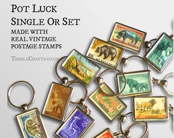 Wildlife Postage Stamp Keyring - Single or Set, made with real vintage stamps