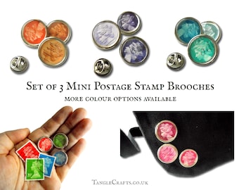 Set of 3 Machin Postage Stamp Brooch or Lapel Pins - choose your favourite colours