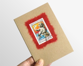 Brown Bear & Fish Notebook - Upcycled 1974 stamp from Mongolia