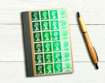 Emerald Green Ombre Notebook - decorated with real GB stamps, ruled journal