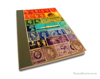 Rainbow travel notebook, journal or diary • real British postage stamps
