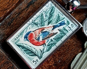 Eurasian Bullfinch Keyring made with upcycled 1965 Lebanon postage stamp