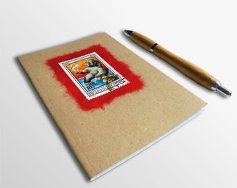 Brown Bear & Fish Notebook - Upcycled 1974 stamp from Mongolia