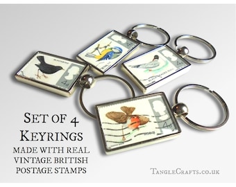 British Birds Keyring Set - made with real 1966 GB postage stamps