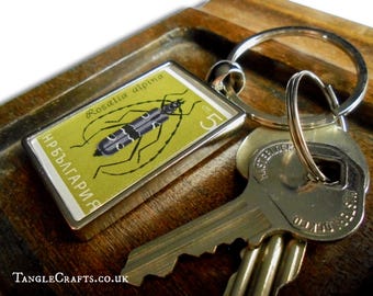 Alpine Longhorn Beetle Keyring - made with vintage postage stamp from Bulgaria 1964