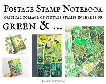 Green postage stamp journal notebook • unique recycled postal artwork, custom colours • upcycled vintage ephemera, eco friendly kraft cahier