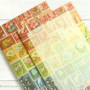 May include: Three sheets of decorative paper with a vintage postage stamp design. The paper features a variety of colorful stamps with images of flowers, birds, and other designs. The stamps are arranged in a grid pattern and have a faded, vintage look.