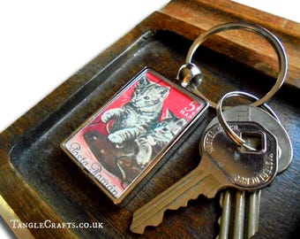 Kittens & Shoe Keyring, upcycled keychain made with 1965 Romania postage stamp