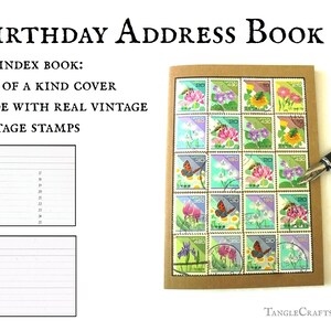 May include: A brown notebook with a cover made of vintage postage stamps featuring flowers and butterflies. The notebook has a blank page with the word "March" and numbered lines for each day of the month. The notebook also has a blank page with the number "5" at the top.