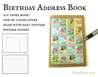 Flowers & Insects A-Z Address Book • Garden bugs planting diary, ecofriendly recycled gift for gardener • upcycled Japanese postage stamps