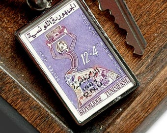 Hippie Stamp Lady Keyring - made with real 1961 postage stamp from Tunisia