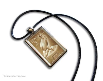 Cormorant Pendant Necklace, double-sided, green & brown - upcycled 1952 postage stamp from Ifni