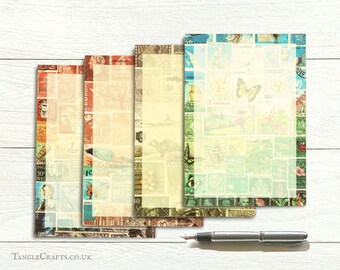 Letter Writing Continuation Sheets for long letter penpal • abstract landscape, 4 postal stamp print designs • thick ribbed paper refill set