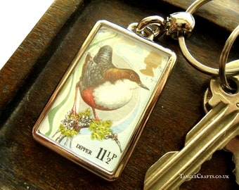 Dipper Keyring - upcycled British bird postage stamp from 1980