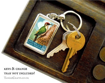 Woodcock Keyring - upcycled vintage 1960 San Marino postage stamp