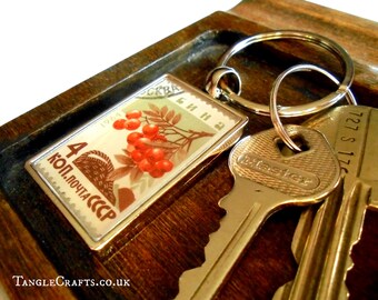 Rowanberry Keyring - upcycled 1964 vintage postage stamp