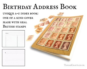 Cocoa birthday address book • Machin stamp cover A-Z notebook