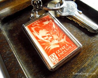 Orange Leopard Keyring - upcycled 1951 postage stamp from Spanish Guinea