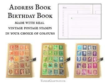 Vintage postage stamp address & birthday book • colourful ombre recycled postal stamp gift • for penpal, letter writer, philatelist